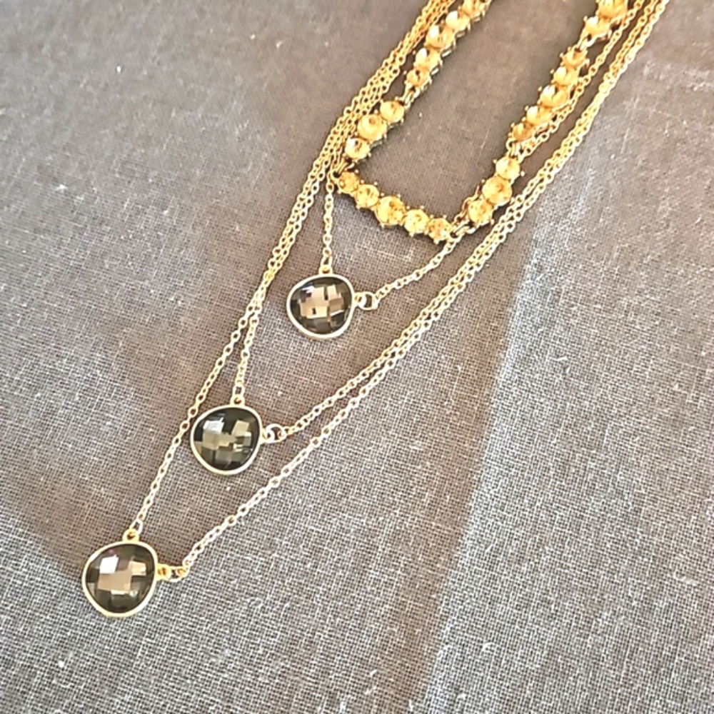 2 gold tone necklaces crystals gray brown layer or separate both versatile lengt